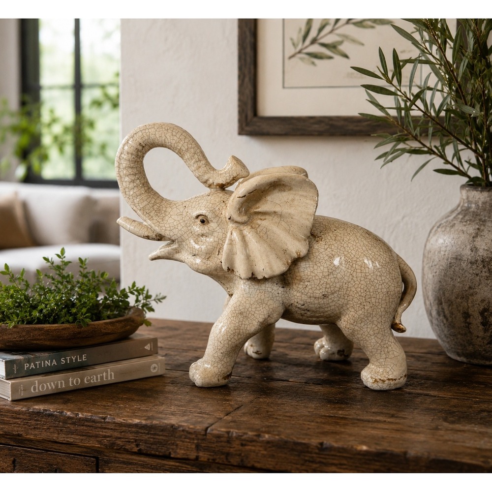 Vintage Ceramic Elephant Figurine Crackle Glaze Lucky Upturned Trunk Off-White - Picture 2 of 16